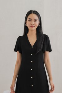 Portia Pearl Button Slit Midi Dress In Black (XS)