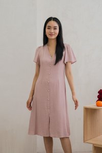 Portia Pearl Button Slit Midi Dress In Dusty Pink