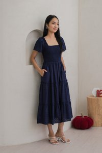 Rosita Ribbon Embroidery Tiered Maxi Dress In Navy (XS)
