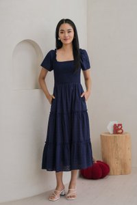 Rosita Ribbon Embroidery Tiered Maxi Dress In Navy (XS)
