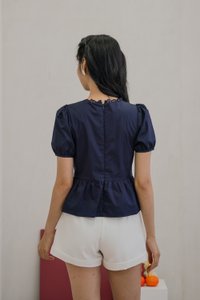 Carmandy Clover Button Eyelet Trim Top in Navy (XS)