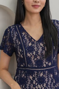 Lynette Contrast Lace Tiered Dress In Navy