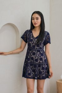 Lynette Contrast Lace Tiered Dress In Navy