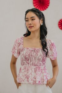 Tana Toile Smocked Ribbon Top In Pink (XS)