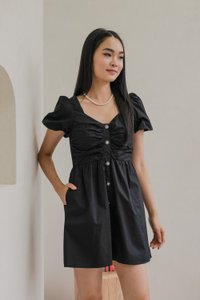 Rianna Ruched Button Puff Sleeve Dress In Black