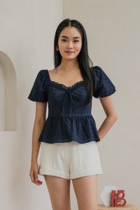 Maisie Mixed Fabric Eyelet Ribbon Top In Navy (XS)