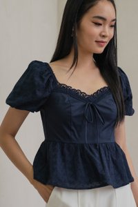 Maisie Mixed Fabric Eyelet Ribbon Top In Navy (XS)