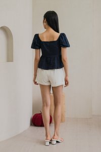 Maisie Mixed Fabric Eyelet Ribbon Top In Navy (XS)