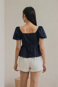 Maisie Mixed Fabric Eyelet Ribbon Top In Navy (XS)