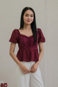 Maisie Mixed Fabric Eyelet Ribbon Top In Wine (XS)