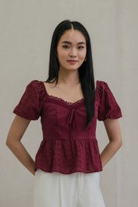 Maisie Mixed Fabric Eyelet Ribbon Top In Wine (XS)