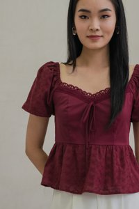 Maisie Mixed Fabric Eyelet Ribbon Top In Wine (XS)