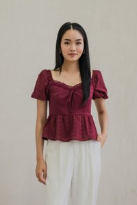 Maisie Mixed Fabric Eyelet Ribbon Top In Wine (XS)