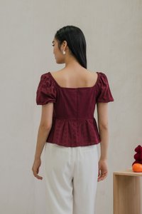 Maisie Mixed Fabric Eyelet Ribbon Top In Wine (XS)