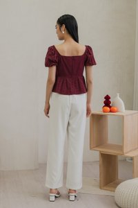 Maisie Mixed Fabric Eyelet Ribbon Top In Wine (XS)