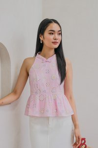 Lumina Pastel Eyelet Qipao Top In Pink