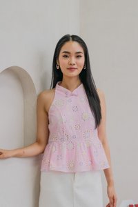 Lumina Pastel Eyelet Qipao Top In Pink