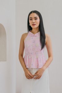 Lumina Pastel Eyelet Qipao Top In Pink