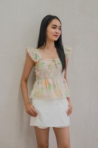 Saffron Ruffle Sleeves Crochet Hem Top In Cream (XS)