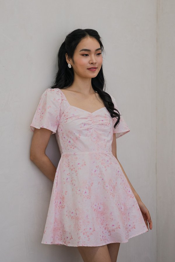 Sakura Floral Sweetheart Dress Romper in Pink (XS)