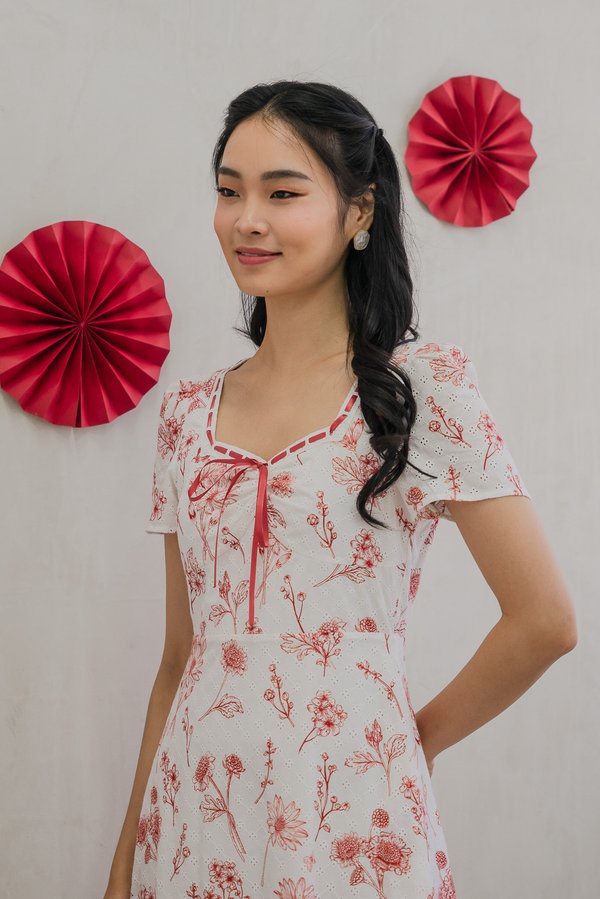 Taffy Eyelet Toile Ribbonette Midi Dress in Red (XS)