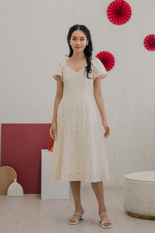 Viva Eyelet V-neck Midi Dress in Cream (XS)