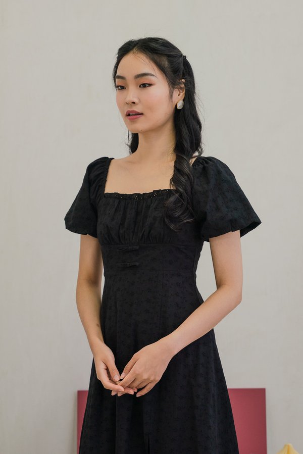 Brigette Eyelet Ruched Bow Midi Dress in Black