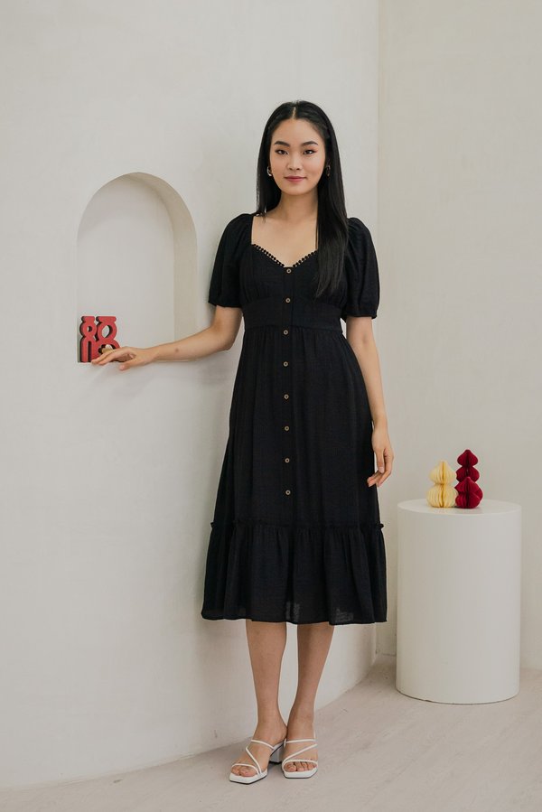 Tule Textured Front Button Midi Dress In Black