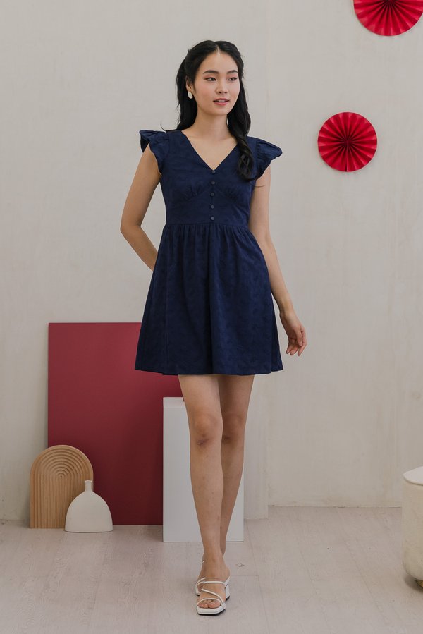 Edin Embroidery Empire Waist Dress in Navy