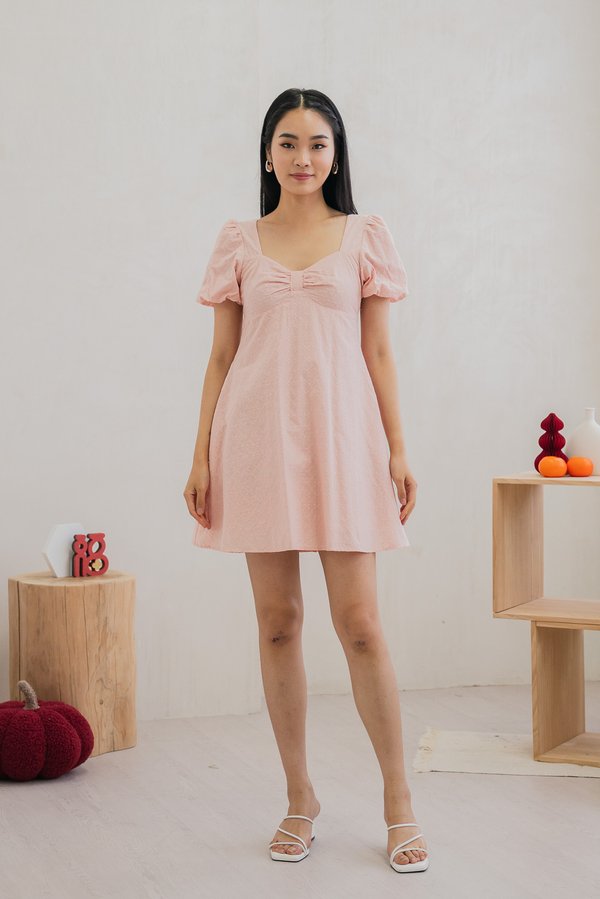 Bambi Ribbon Embroidery Puff Sleeve Dress In Pink