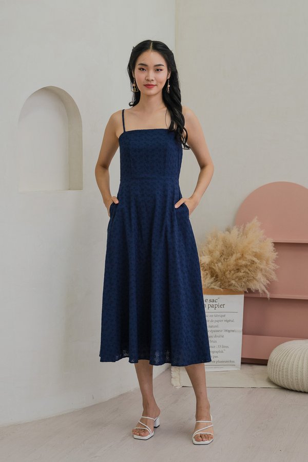 Carly Embroidery Eyelet Camisole Midi Dress In Navy (XS)
