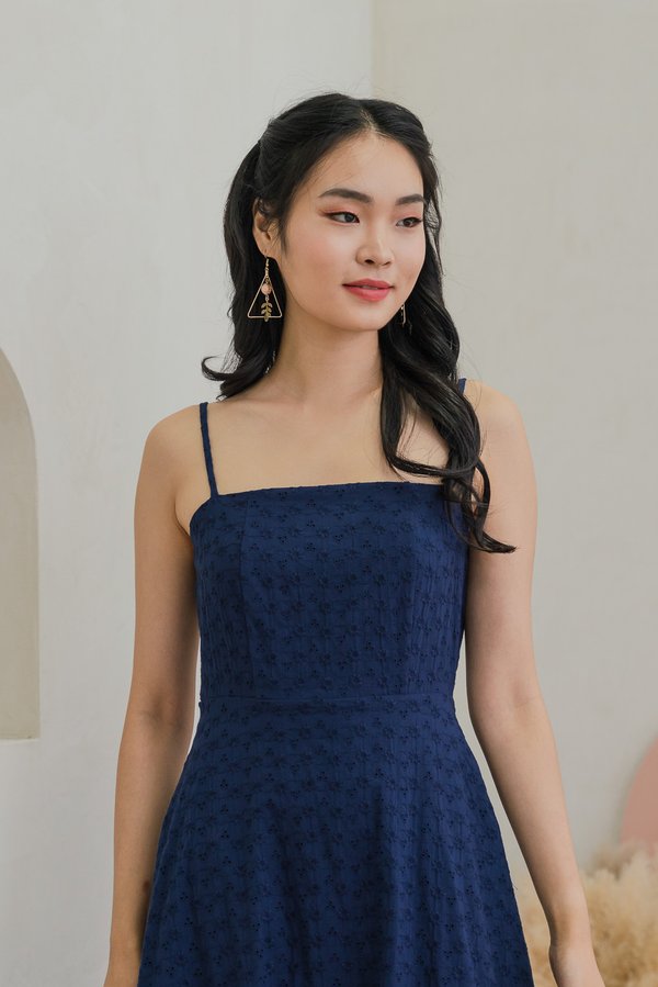 Carly Embroidery Eyelet Camisole Midi Dress In Navy (XS)