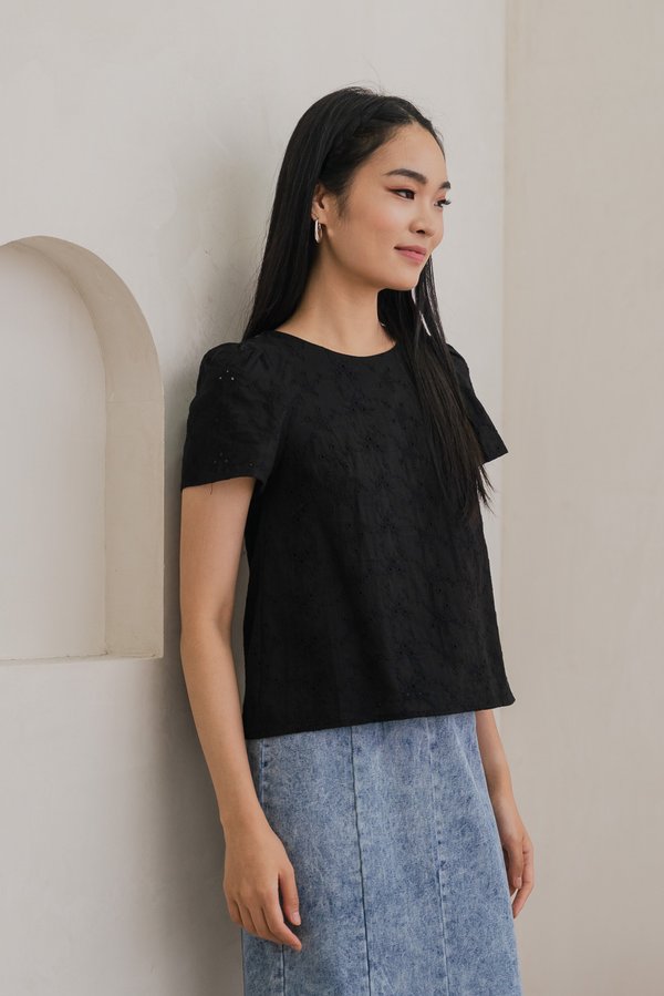Cyprus Crochet Eyelet Tie-back Top In Black