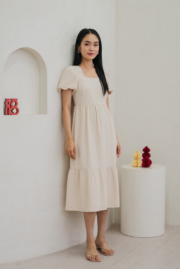 Spring Puff Sleeve Maxi Dress In Cream (XS)