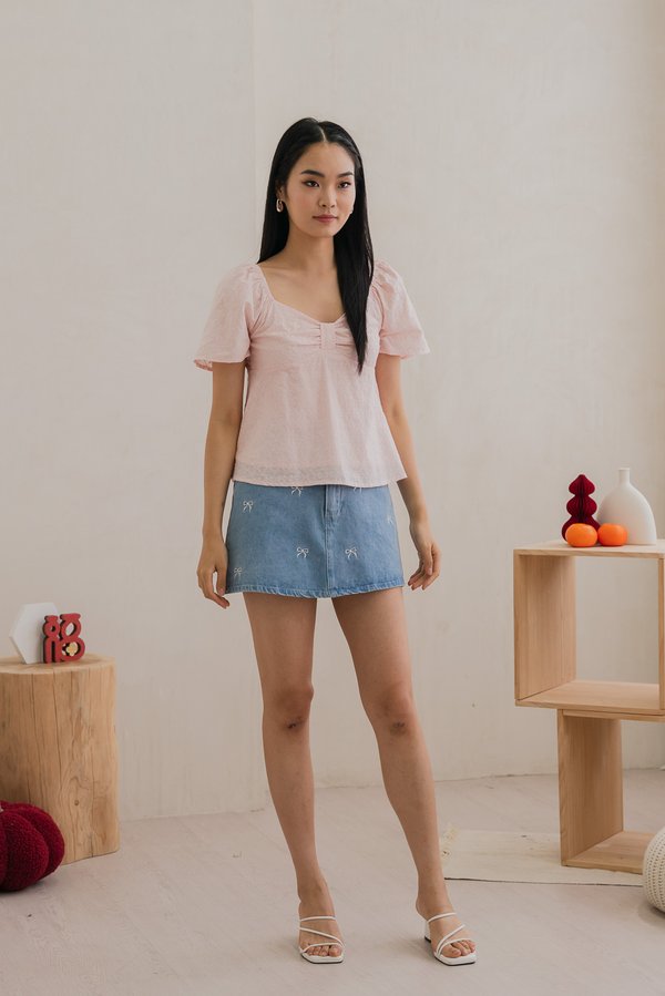Bambi Ribbon Embroidery Bow Top In Pink