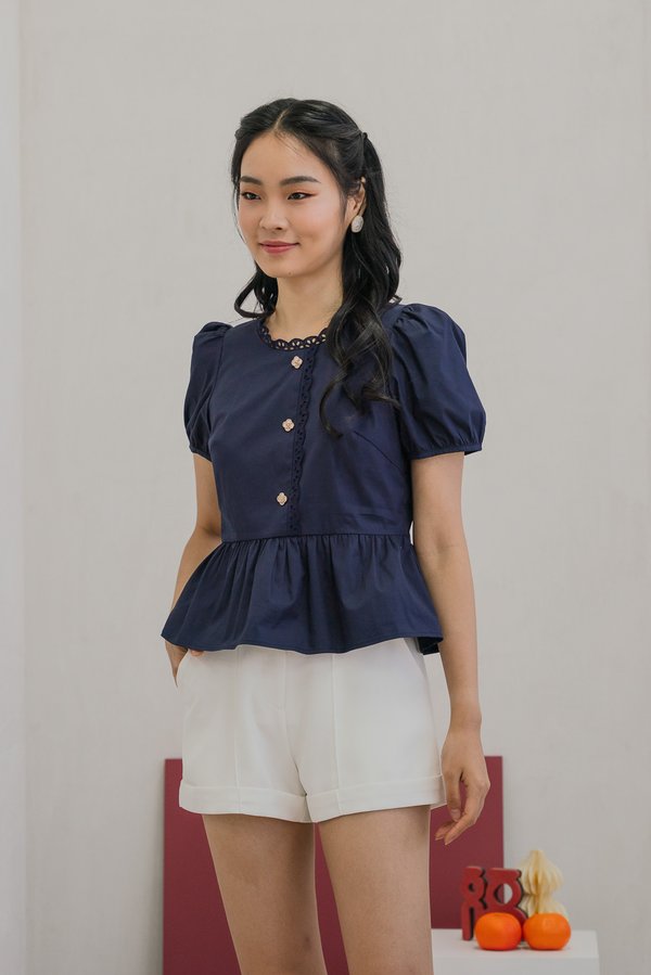 Carmandy Clover Button Eyelet Trim Top in Navy (XS)
