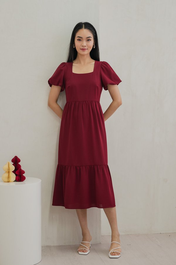 Spring Puff Sleeve Maxi Dress In Wine Red (XS)