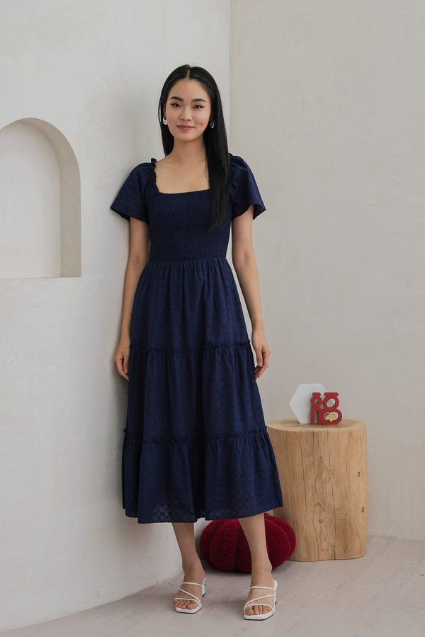 Rosita Ribbon Embroidery Tiered Maxi Dress In Navy (XS)