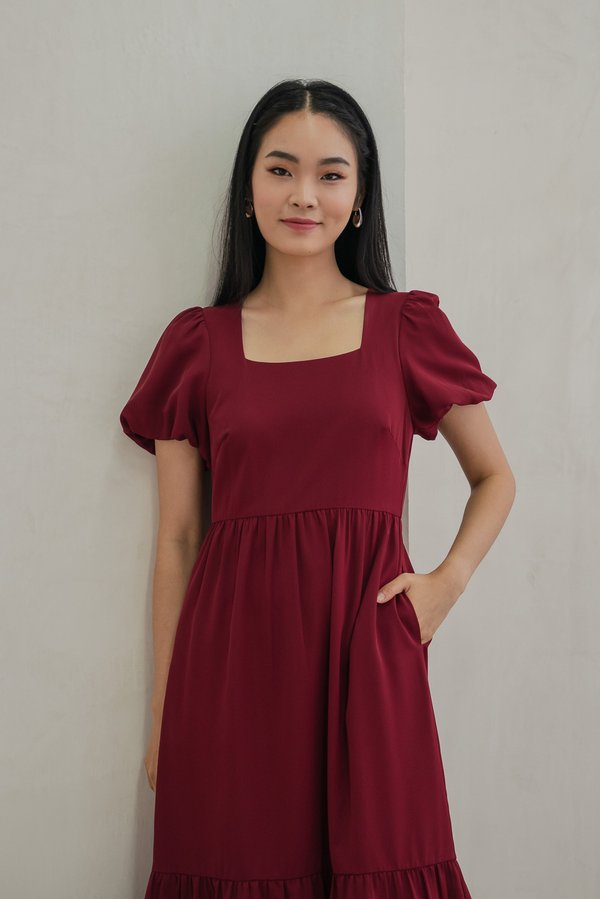 Spring Puff Sleeve Maxi Dress In Wine Red (XS)