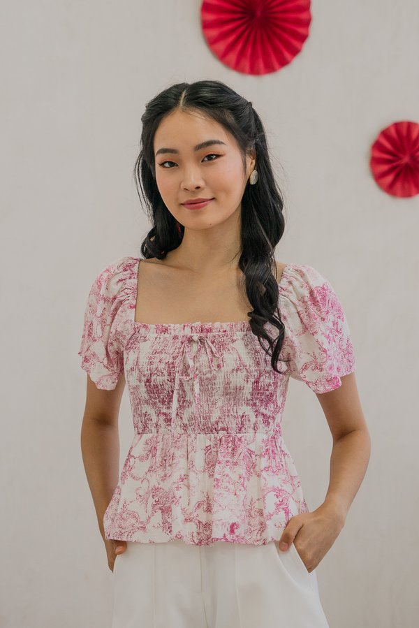 Tana Toile Smocked Ribbon Top In Pink (XS)