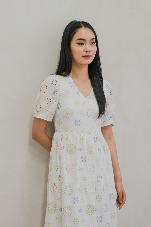 Lumina Pastel Eyelet Maxi Dress In White (XS)