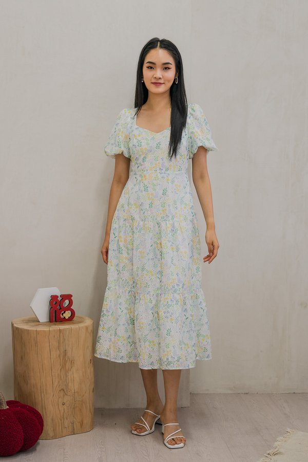 Etopia Garden Eyelet Puff Sleeve Midi Dress In Sage (XS)