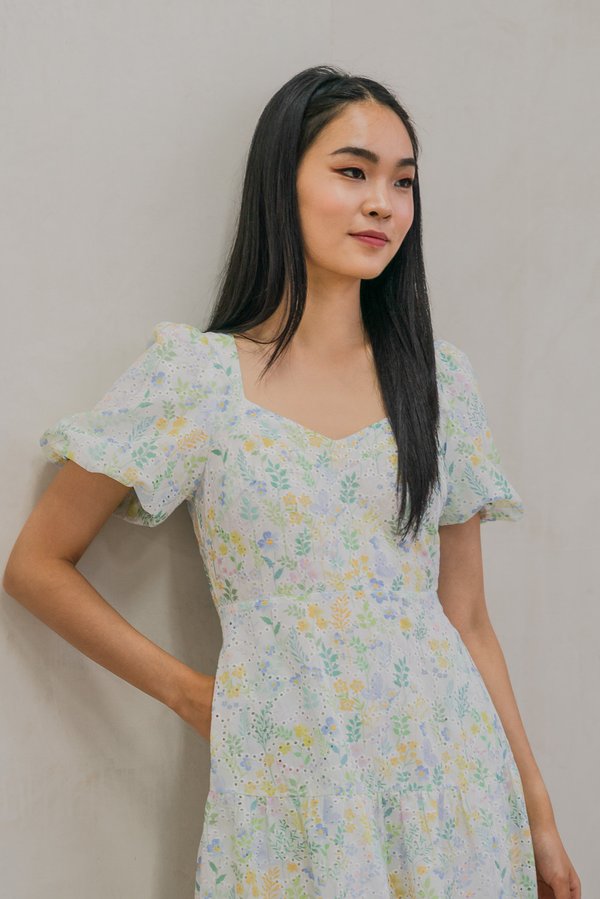 Etopia Garden Eyelet Puff Sleeve Midi Dress In Sage (XS)