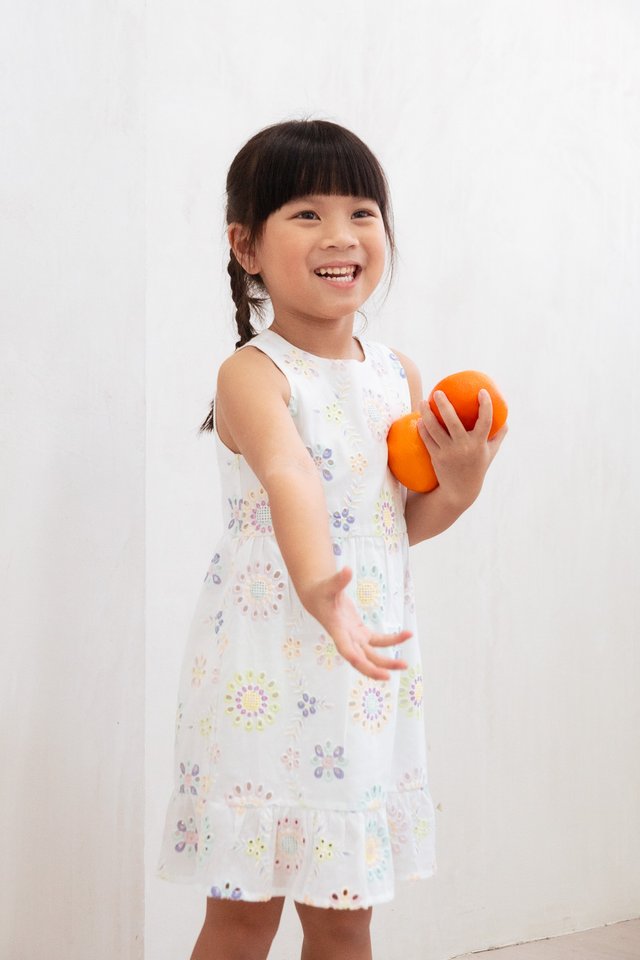 Lumina Eyelet Kids Dress In White