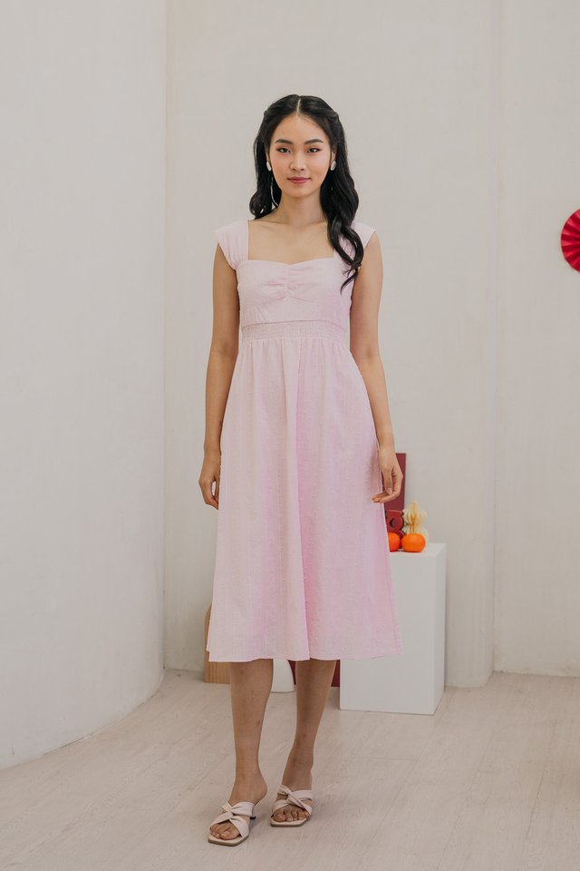 Scarlet Swissdot Smocked Waist Midi Dress In Pink