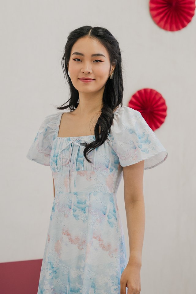 *BACKORDER* Cyan Pastel Ruched Ribbon Midi Dress in Blue