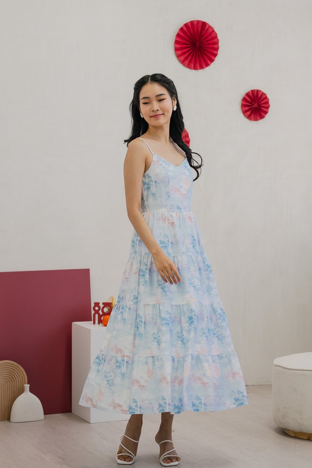 Cyan Pastel Camisole Tier Maxi Dress in Blue