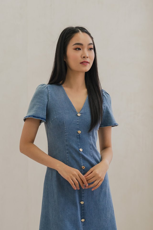 Glam Denim Gold Button Slit Midi Dress