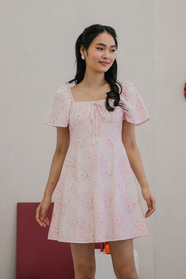 Sakura Floral Ruched Ribbon Dress in Pink