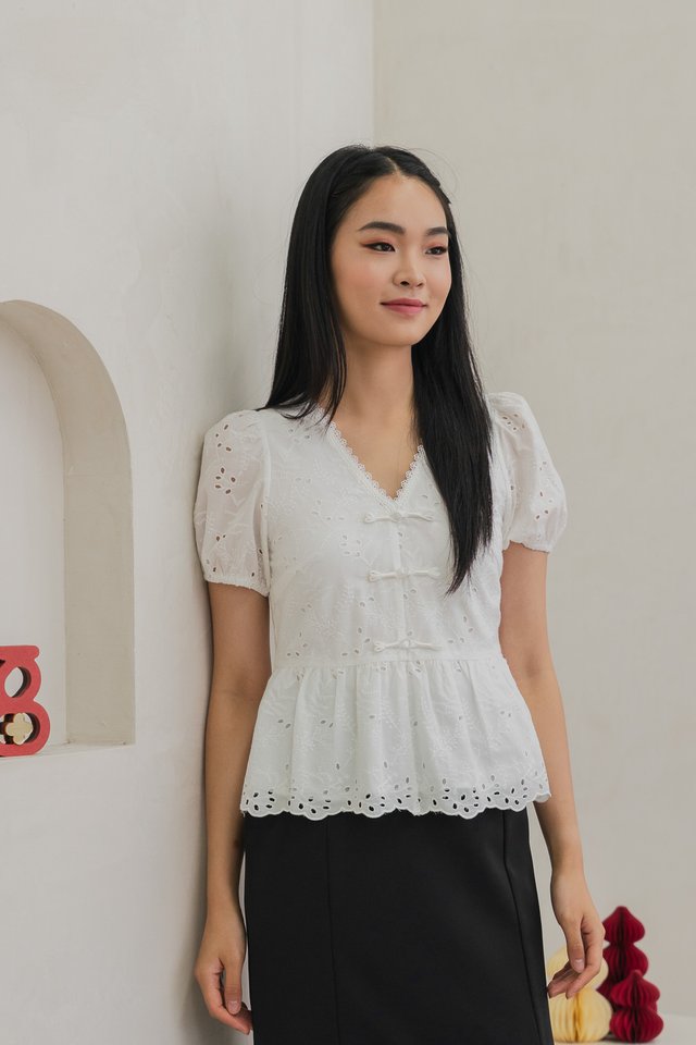 Bliss Eyelet Cheongsam Top In White